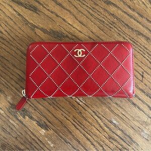 Chanel Studded Matelasse Red Calfskin Leather Red Long Wallet